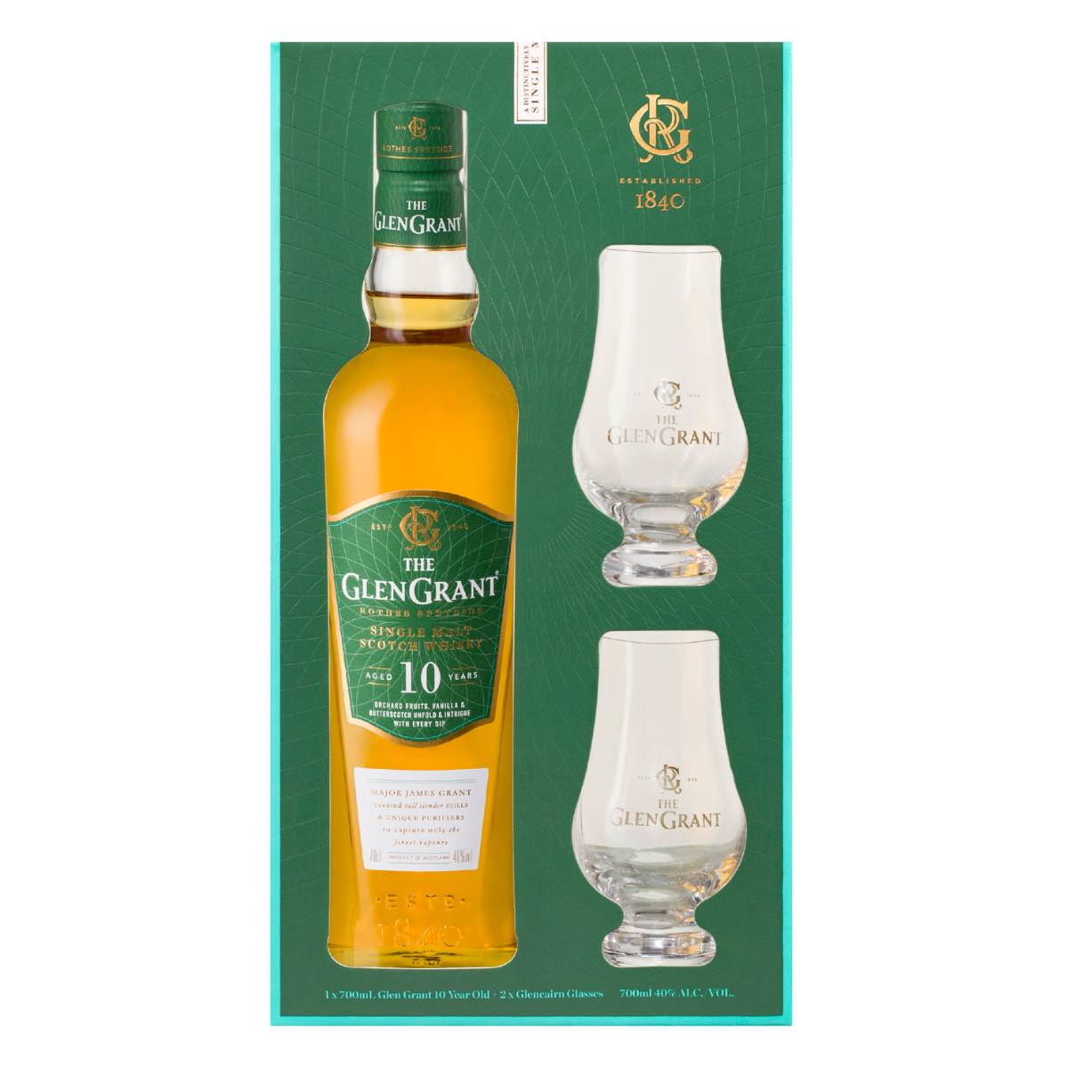 The Glen Grant 10 Year Old & 2 Glasses Single Malt Scotch Whisky Gift Pack 700ml